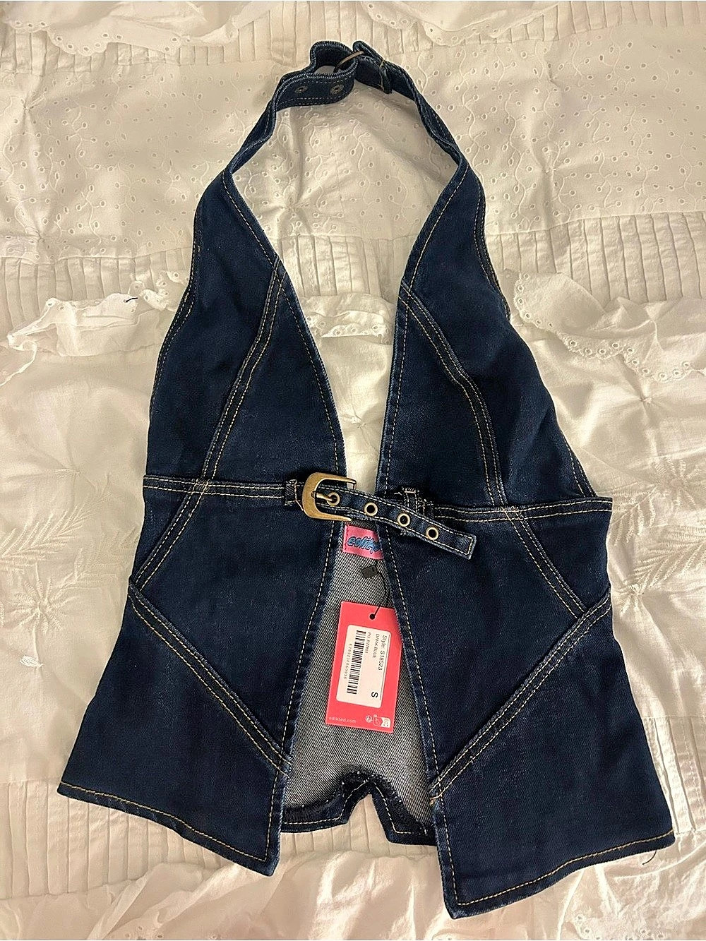 Edikted Ciel Split Front Denim Halter Top Blue NWT